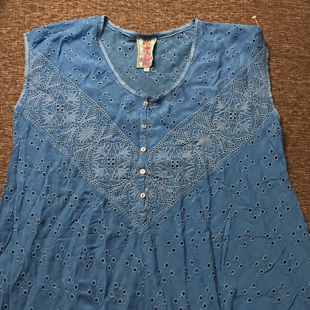 Johnny Was Dress Womens XL Blue Embroidered Eyelet Lace Trapeze Tank Knee Length - Picture 2 of 9